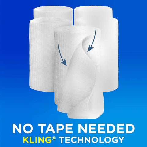 Flexible Sterile Rolled Gauze Dressings For Minor Wounds With Soft Padding And Instant Absorption 3 Inches By 2.1 Yards Value Pack Of 5 Band Aid Brand Of First Aid with Kling technology on blue background.