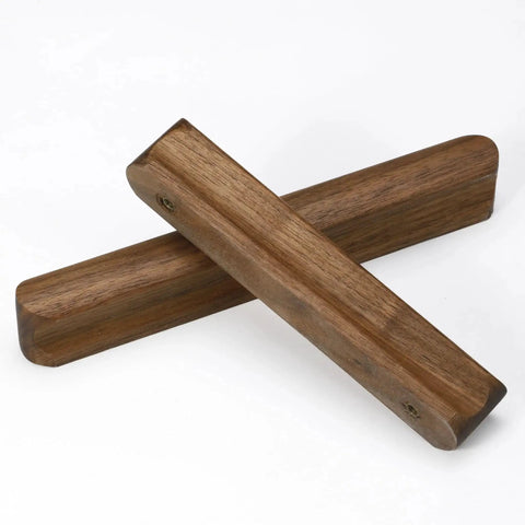 Two walnut wood drawer pulls with rounded edges, part of the Walnut Wood Drawer Pulls Set Six Pack 5.04 Inch Length For Cabinets and Furniture.