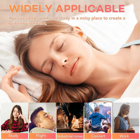 Woman sleeping with soft foam sleep ear plugs for noise reduction during study, travel, concerts, and loud events, shown in use.