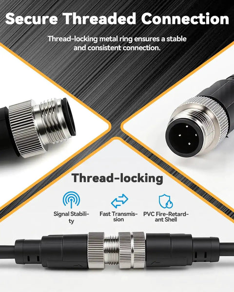 M12 4Pin ACoded Waterproof Sensor Extension Cable with secure threaded connection, IP67 rating for proximity switches