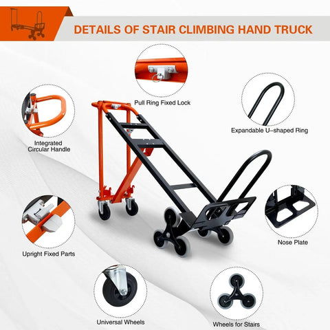 Diagram of Three In One Industrial Convertible Hand Truck With 1000 Lbs Capacity, showing parts like stair climbing wheels and handles.