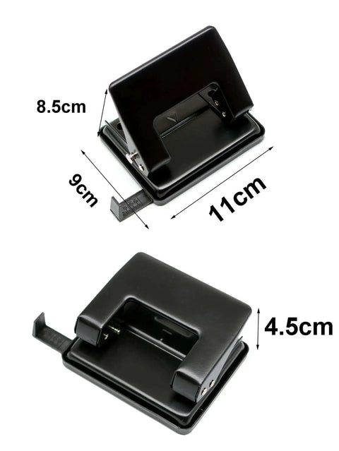 Black Two Hole Paper and Leather Puncher dimensions, 11cm wide, for office and home use, 1/4 inch circle holes, mess-free design.