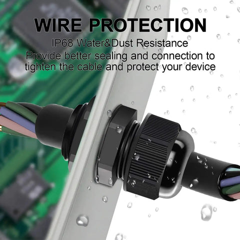 Close-up of PG16 Cable Glands Set, 20 Pack, with wires demonstrating IP68 waterproof sealing on an electrical box panel.