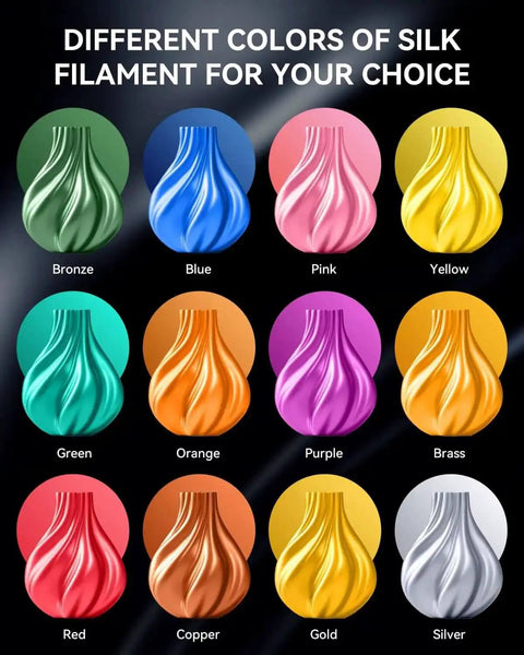 Different colors of silk filament for 3D printing including bronze, blue, pink, yellow, green, orange, purple, brass, red, copper, gold, silver.