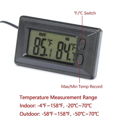 Dual Display Car Thermometer Indoor Outdoor Fahrenheit Celsius Max Min Memory with temperature range details
