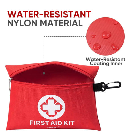 Portable 150 Piece Mini First Aid Kit For Car Travel Home And Outdoor Adventures in red water-resistant nylon bag