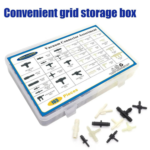 Automotive Vacuum Tubing Connector Kit With 34 Sizes And 165 Pieces in storage box, includes assorted vacuum tee and tube fittings
