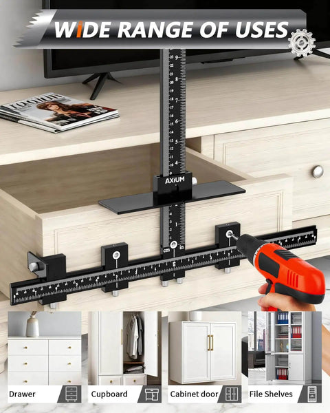 Aluminum Cabinet Hardware Jig With Center Punch on a drawer, adjustable drill guide template, pro grade metal woodworking tool