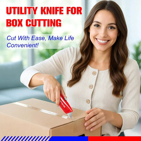 Woman using Heavy Duty Box Cutter Set Jetmore Retractable Utility Knife With 10 Extra Blades All Metal Aluminum Alloy Body SK5 Steel Blade For Cardboard Boxes Cartons Drywall And Package Opening