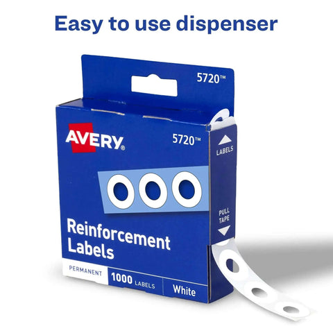 Box of Self Adhesive Hole Reinforcement Stickers For One Quarter Inch Punches in blue packaging with pull tape visible.