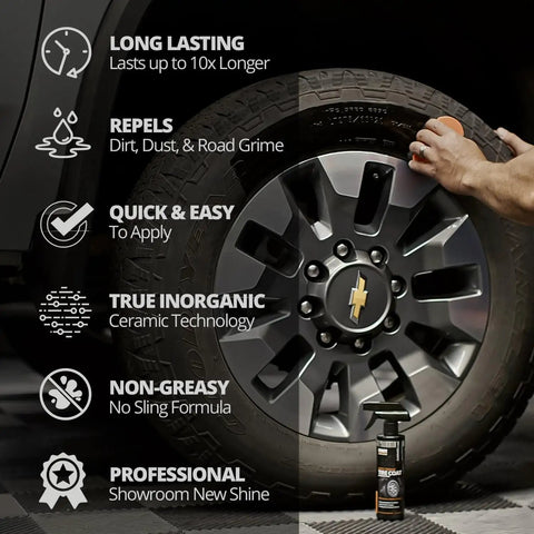 Showroom Shine Tire Coat That Delivers Deep Black Finish And Up To 10x Longer Wear Cerakote Rapid Ceramic Tire Coat applied to tire.