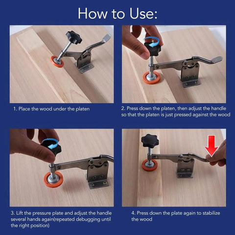 Guide on using Pro Grade Non Slip Quick Release Toggle Clamp Set for Woodworking Jigs with Rubber Tip for precise hold and alignment.