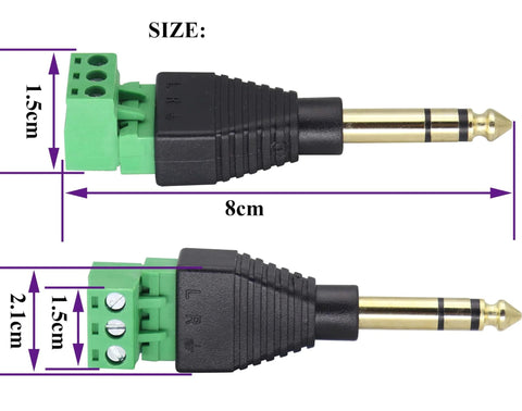 1/4 Inch TRS Audio Screw Terminal Block Adapter, 6.35mm Male to 3 Pin Female, showing dimensions 8 cm x 2.1 cm