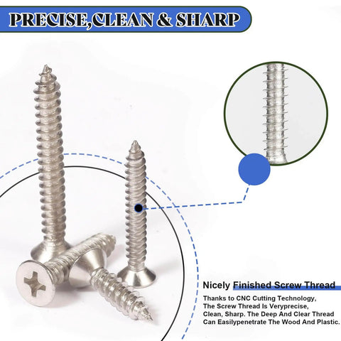 Value Packed 280 Pieces Wood Screws Set In M5 M4 M3 Sizes Flat Head Stainless Steel Self Tapping Deck Door Cabinet Hardware Kit Rust Resistant Great For DIY Projects And Outdoor Furniture, showcasing close-up of flat head screws.