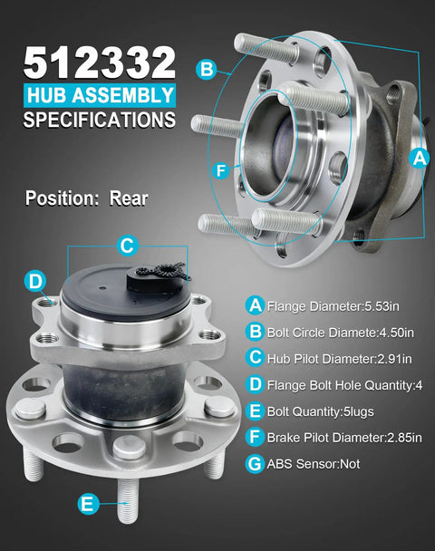 2 Pack Rear Wheel Bearing Hub Assembly Fits Avenger Caliber 2007-2012, Compass Patriot 2007-2017, 200 Sebring, Lancer Outlander Sport 2007-2017