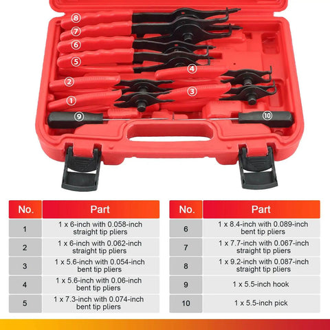 11 Piece Snap Ring Pliers Set For Car And Motorcycle in open red case showing straight and bent pliers, hook, and pick.
