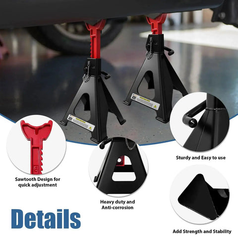 6 Ton Heavy Duty Jack Stands With Double Locking Pins And Rubber Pads used to support a vehicle, showcasing red and black design.