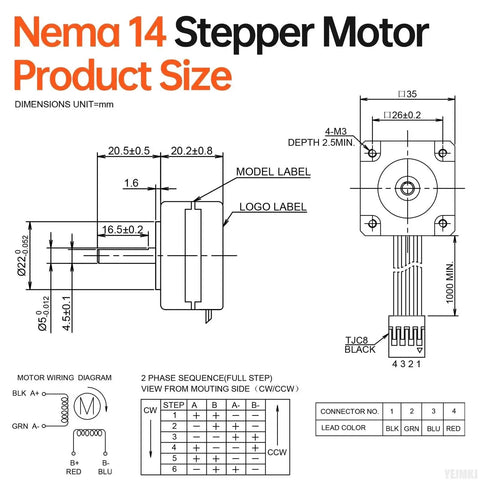 Technical diagram for Nema 14 Stepper Motor 1.8 Degree 2 Phase High Torque 7Ncm Bipolar 4-Wire with 1M Cable, dimensions and wiring