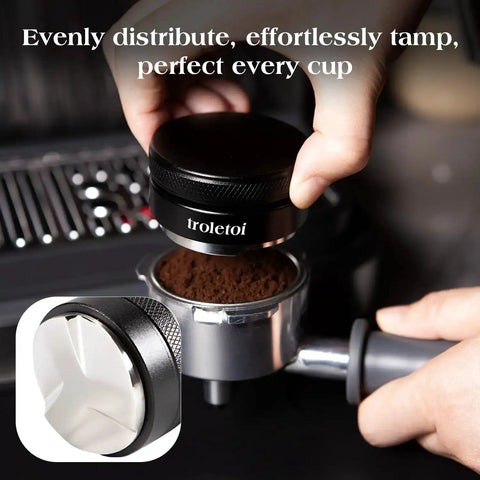 Person using 53.3mm tamper from 7 Piece Espresso Tools Kit For 54mm Breville Portafilters Includes 53.3mm Tamper Distributor Puck Screen