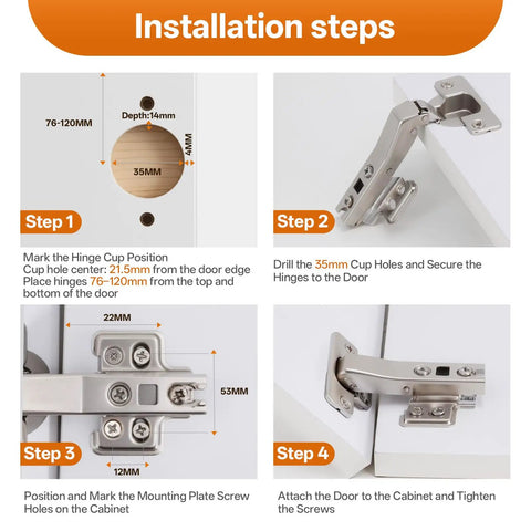 Installation steps for 2 Pack 45 Degree Corner Cabinet Hinges For Frameless Diagonal Wall Cabinets No Fuss Easy Install 35mm European Soft Close Concealed Hinges Replacement For Frameless Doors Premium Quality Hinges