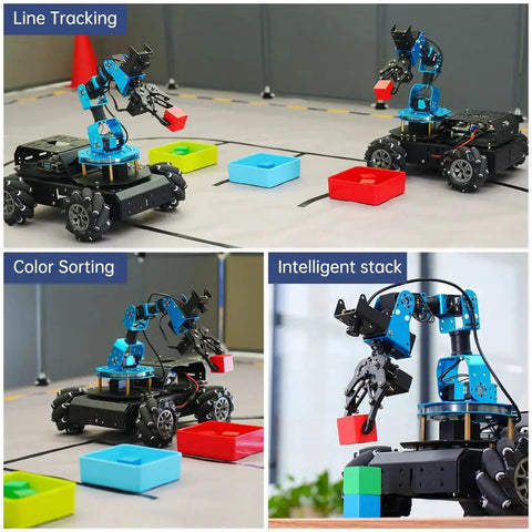 Robotic Arm Kit With Raspberry Pi 4B 4GB Open Source Programming FPV AI Vision showing line tracking and color sorting capabilities