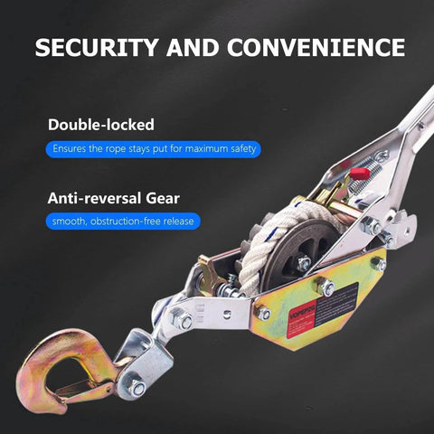 Close-up of 3/4 Ton Capacity Rope Puller With 100 Feet Of 0.6 Inch Rope Come Along Winch, highlighting double-lock and anti-reversal gear.