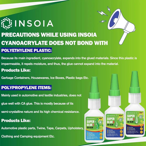 Three bottles of INSOIA Super Glue with instructions on non-bonding materials like polyethylene and polypropylene.