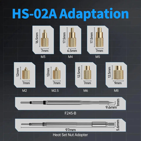 HS-02A Adaptation chart showing M2 to M8 brass insert nuts with dimensions for 2 In 1 Heat Set Insert Tool And Corded Pro Grade Soldering Iron Kit