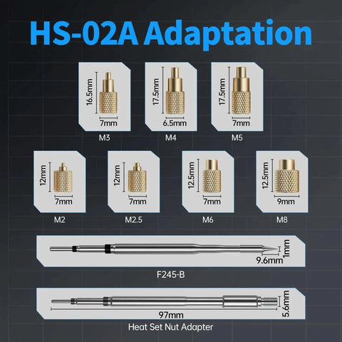Diagram showing Go-To 2 In 1 Heat Set Insert Tool with brass inserts from M2 to M8 sizes for electronics repair and 3D printing.