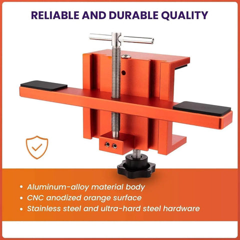 Universal Cabinet Door Mounting Jig For Easy Hinge Alignment And Drilling Template with anodized orange surface and steel hardware.