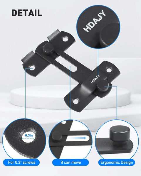 Close-up of matte black Two Pack Flip Latch Gate Latches For Barn Doors showing ergonomic design and 0.3" screw details.