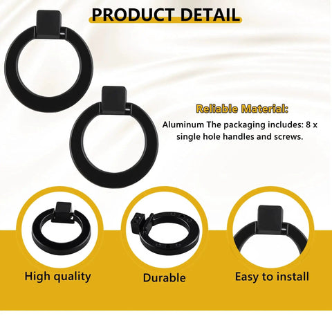 Matte Black Aluminum Ring Pulls 8 Pack Heavy Duty Single Hole Cabinet Knobs Inner Diameter 28mm Outer Diameter 41mm details