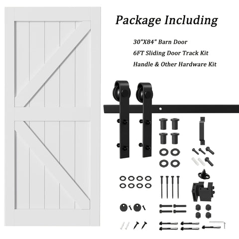 Sliding Barn Door 30 Inch By 84 Inch With 6 Foot Hardware Kit And Handle White Solid MDF Surface That Is Water Resistant