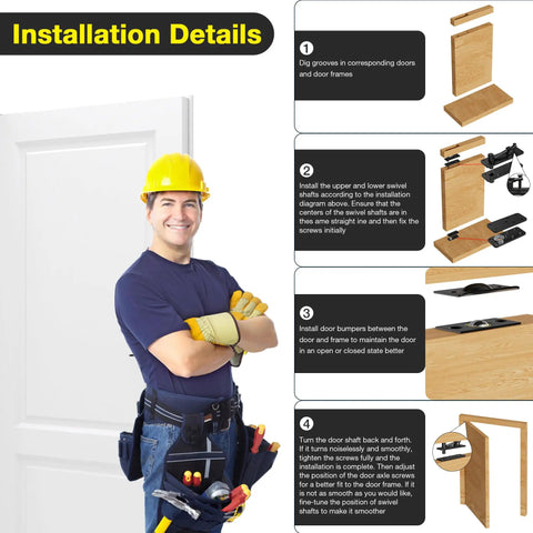 Hidden Door Hinge Kit With 620 Lbs Load Bearing Heavy Duty Stainless Steel Pivot Hinge 360 Degree Rotation Black Invisible Hardware installation guide with steps and images of hinges and tools.