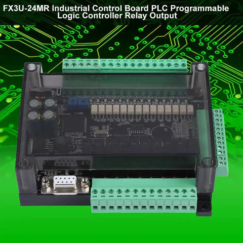 Pro Grade 24V DC PLC Controller Kit with cable for industrial automation, visible relay board, programmable interface, black casing