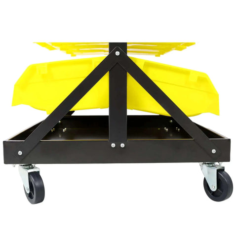 Base view of Six-Tier Dual-Sided Storage Organizer Rolling Bin Rack With Sixty Plastic Bins, Heavy-Duty Steel Frame On Wheels