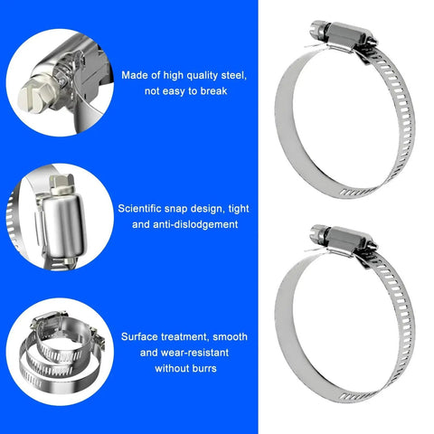 20 Piece Stainless Steel Hose Clamp Set From One And A Half Inch To Two And A Half Inch Worm Gear Clamps For Plumbing Automotive Fuel Lines Heavy Duty 304 Stainless Steel Corrosion Resistant With Tight Seal shown with product details.