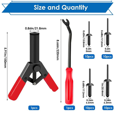 Must Have 42 Piece Plastic Rivet Gun Kit With 40 Nylon Rivets In Four Sizes And A Rivet Removal Tool for repairs