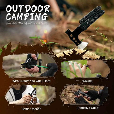 16 In 1 Camping Multitool With Axe Hammer Pliers Saw Knife Wire Cutter And Screwdrivers, Survival Gear For Hiking, shown with accessories
