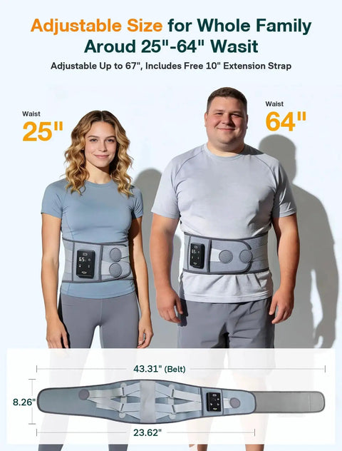 67 Inch Cordless Heating Pad For Back Pain Relief With 3 Heat Levels And 5 Vibration Intensities worn by man and woman waist sizes 25-64"