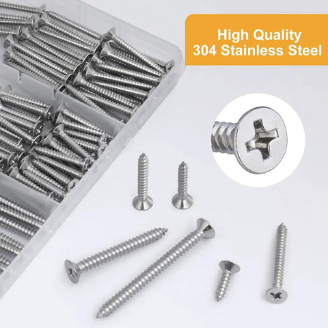 Tray of 304 stainless steel screws from Wood Screws 210 Piece Assortment Kit, close-up of Phillips drive head, six sizes shown.