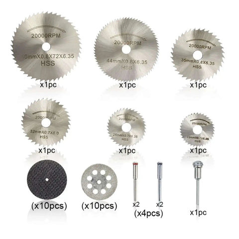 Pro Grade Diamond Cutting Discs Set For Metal And Stone, 31pc Wheel Kit with various blade sizes and shanks for power tools.