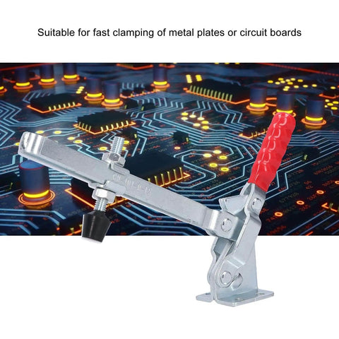 GH101 D15 180Kg Vertical Toggle Clamp For Woodworking And Welding Jigs with red handle and iron construction against circuit board background