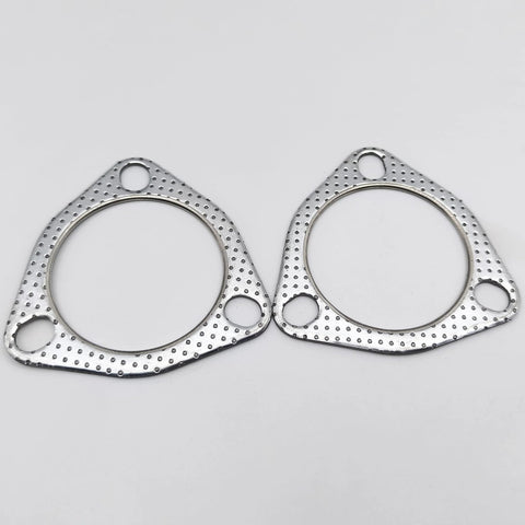 YGQ exhaust gasket pair, 2.5 inch, 63.5mm bore, three-bolt pattern, perforated metal flange for automotive exhaust