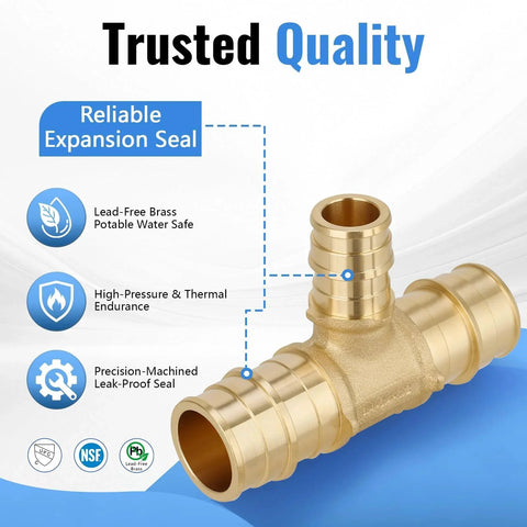 Ten Pack PEX A Reducing Tee Expansion Fitting Lead Free Brass Full Flow Connector for hot and cold water systems