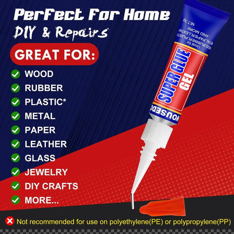 12 Pack 3G Gel Glue Tubes For Plastic Metal Ceramic Wood Fast Dry CA Glue, showing gel tube and usage list.