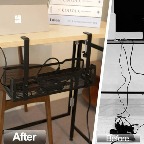 Before and after of under desk cable management tray with clamp for quick no drill setup; wire basket organizer for cords.