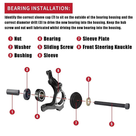 Diagram of bearing installation showing components labeled: nut, washer, bushing, bearing, sliding screw, sleeve, sleeve plate, front steering knuckle