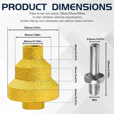 2 Pack 3 in 1 Diamond Step Core Drill Bit Set Featuring 20mm 35mm 50mm Holes with M10 Thread and Conversion Rod dimensions