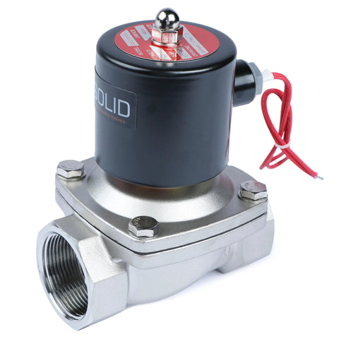 U.S. Solid 1-1/2 inch stainless steel solenoid valve with 12V DC coil, normally closed, Viton seal.